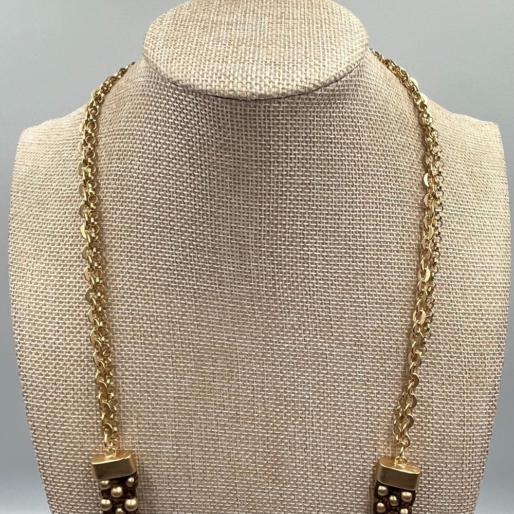 Vintage Chico's Gold Tone Beaded Tassel‎ Necklace Woven Bronze Tone Cord Lariat - Picture 8 of 11